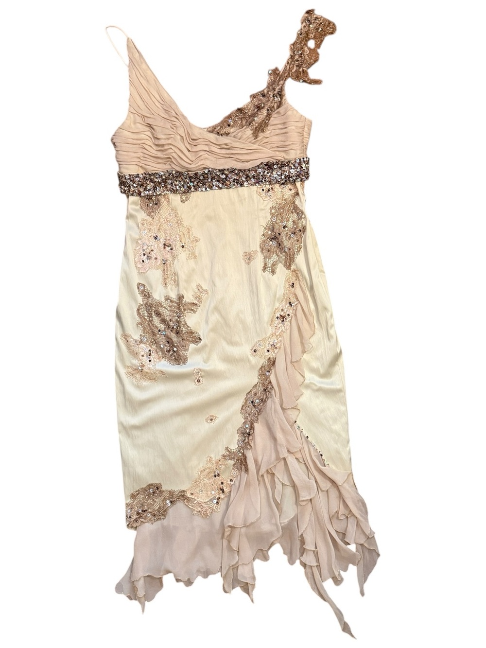 Rare Vintage Y2K Mandalay Cream Beaded Lace Asymmetrical Fairy Dress